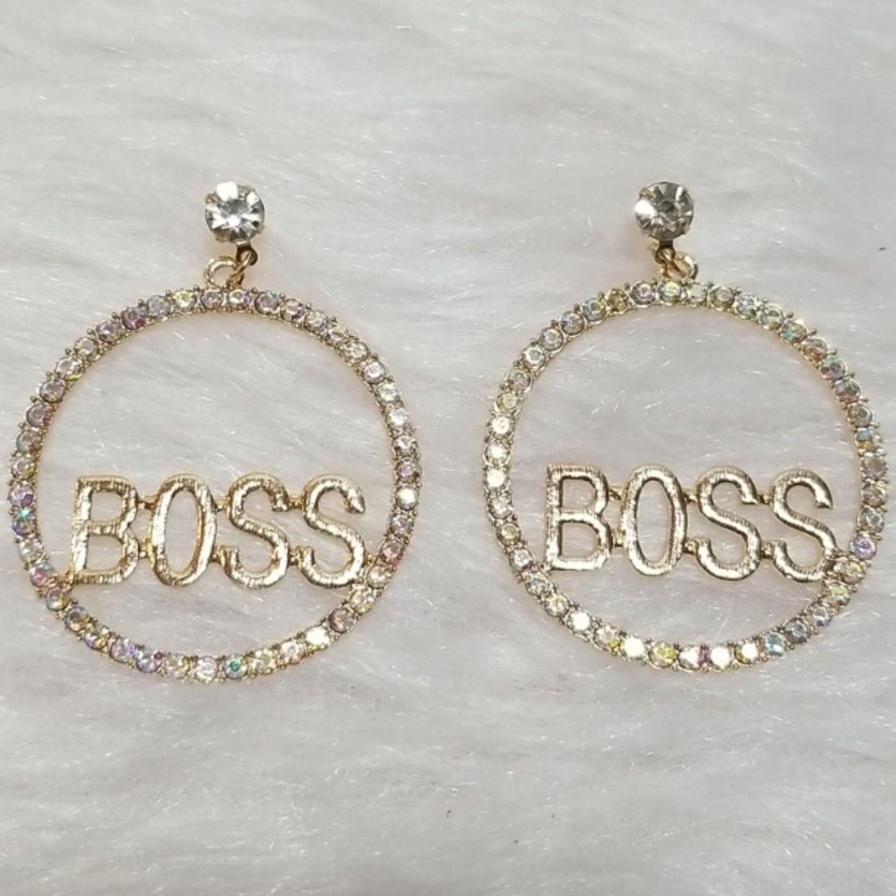 Sassy Gold Rhinestone Hoop Boss Earrings